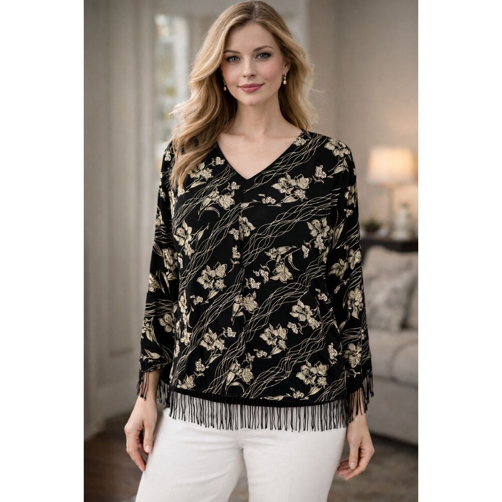 Women’s Petite 20WP Black Gold Floral Fringe Top Evening Blouse
